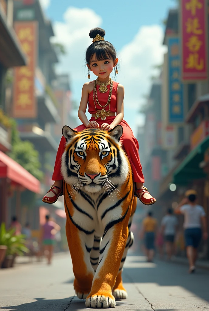 A chibi baby girl with two buns on her head and wear red chinese dress, as cute and chubby as a on a Chinese calendar,playing with the white tiger in front of the house.