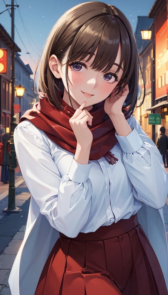 (Highest quality, masterpiece:1.2) One girl, alone, autumn leaves, Have a camera, autumn, Brown Hair, View your viewers, blush, Red scarf, Outdoor, Long sleeve, Maple Leaf, Upper Body, Blurred Background, Depth of written boundary, Earrings, Sleeves are longer than the wrist, sweater, Medium Hair, Blurred foreground, Grey Eyes, wood, Covered my mouth, Brown Skirt, Day, button, Pleated skirt