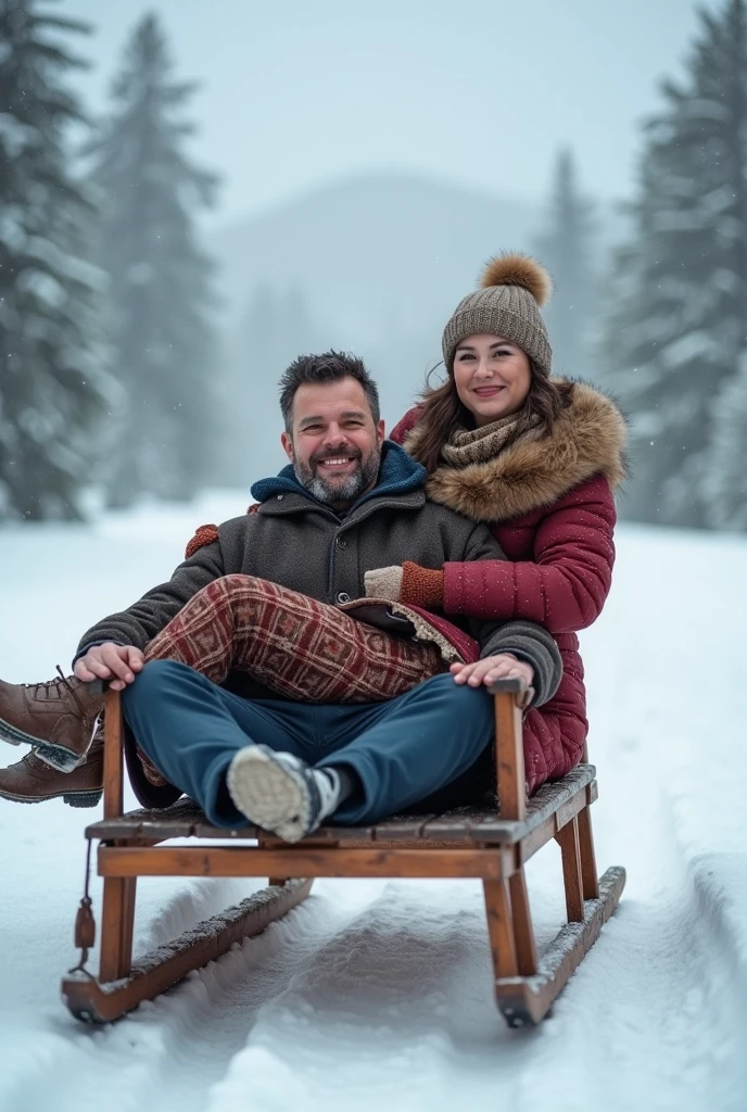 Winter in the mountains. Lots of snow. Wooden sleigh. Man lies with his ...