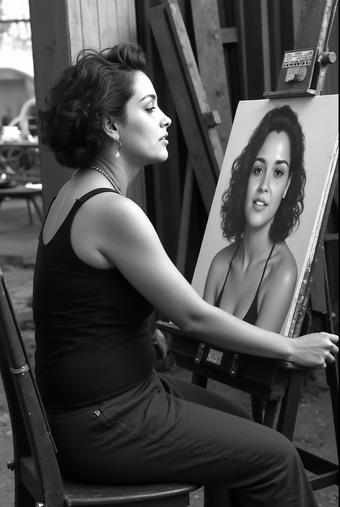  an image of a beautiful woman ,sexy and tired  , short colored hair,   who is in a small studio painting  ,     the painting is of a woman with long hair and a pale smile    ,    around the artist there are several paintings and painting tools .   around him seemed messy  . black and white background

