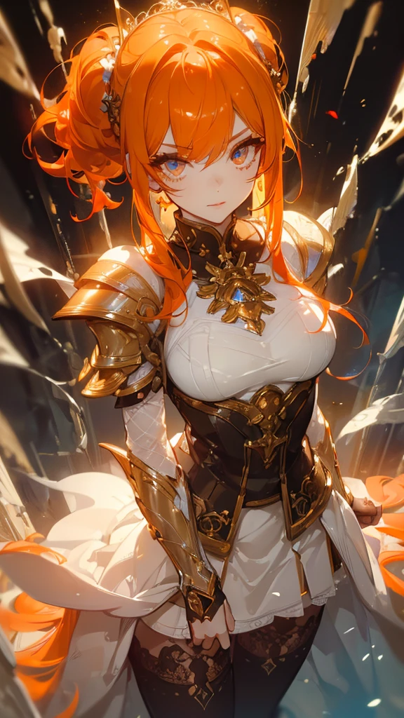 ((masterpiece,  top quality )),  detailed facial , whole body， beautiful Paladin， Pure White Bride Armor ，Twin ponytails，Fantasy style，Orange caramel hair color ， Highly detailed eye and facial features ，Long eyelashes，Smoky Eyes，Fishnet stockings， Beautiful lip details ， Beautiful eye details ，Stunning facial details 。
