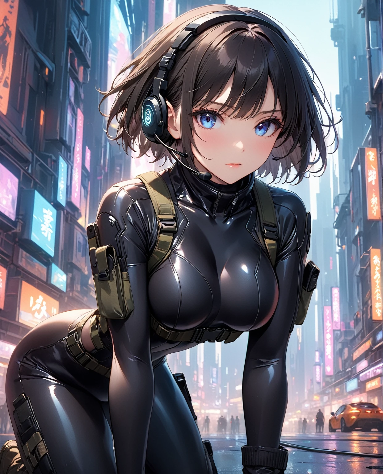 (((to head to the waist::1))) superhero girl (pixie bob short hair) masterpiece hyperrealist & photorealist beauty young astonishing perfect face (asymmetric opalescent iridescent eyes), (best quality), (ultra-detailed), (ultra-realistic:1.2), sci-fi, ominious cyberpunk in superdetailed black & gold tatical plugsuit, Metal Gear aesthetic style