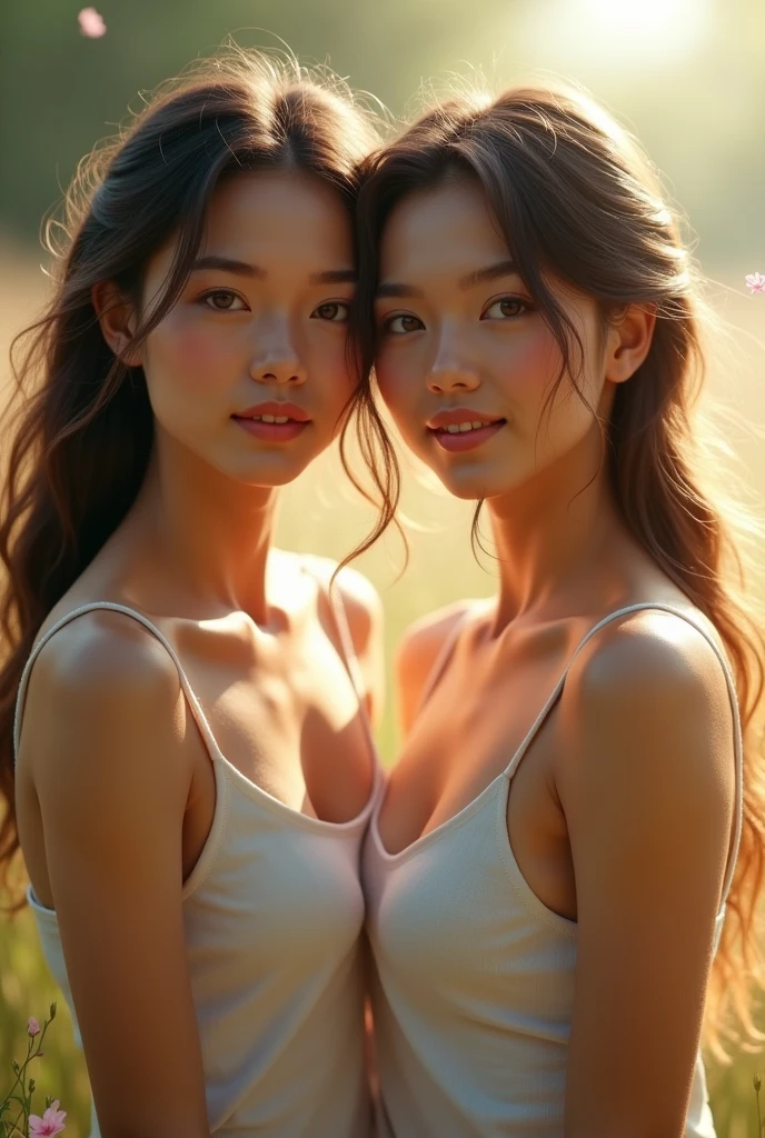 (Completely naked:1.4), (Two Girls:1.3),close, Stunning summer girl, Princess, Sweaty, Sunlit, Dripping, Hard-to-find, Lean back, 8K,Best Quality, masterpiece, Ultra-high resolution, (Realistic:1.4), RAW Photos, (Real skin texture:1.3), (Film Grain:1.3), (Selfie angle), Two Girls, Beautiful detailed eyes and face,masterpiece, Best Quality, Upper Body, curve, Wide Chest