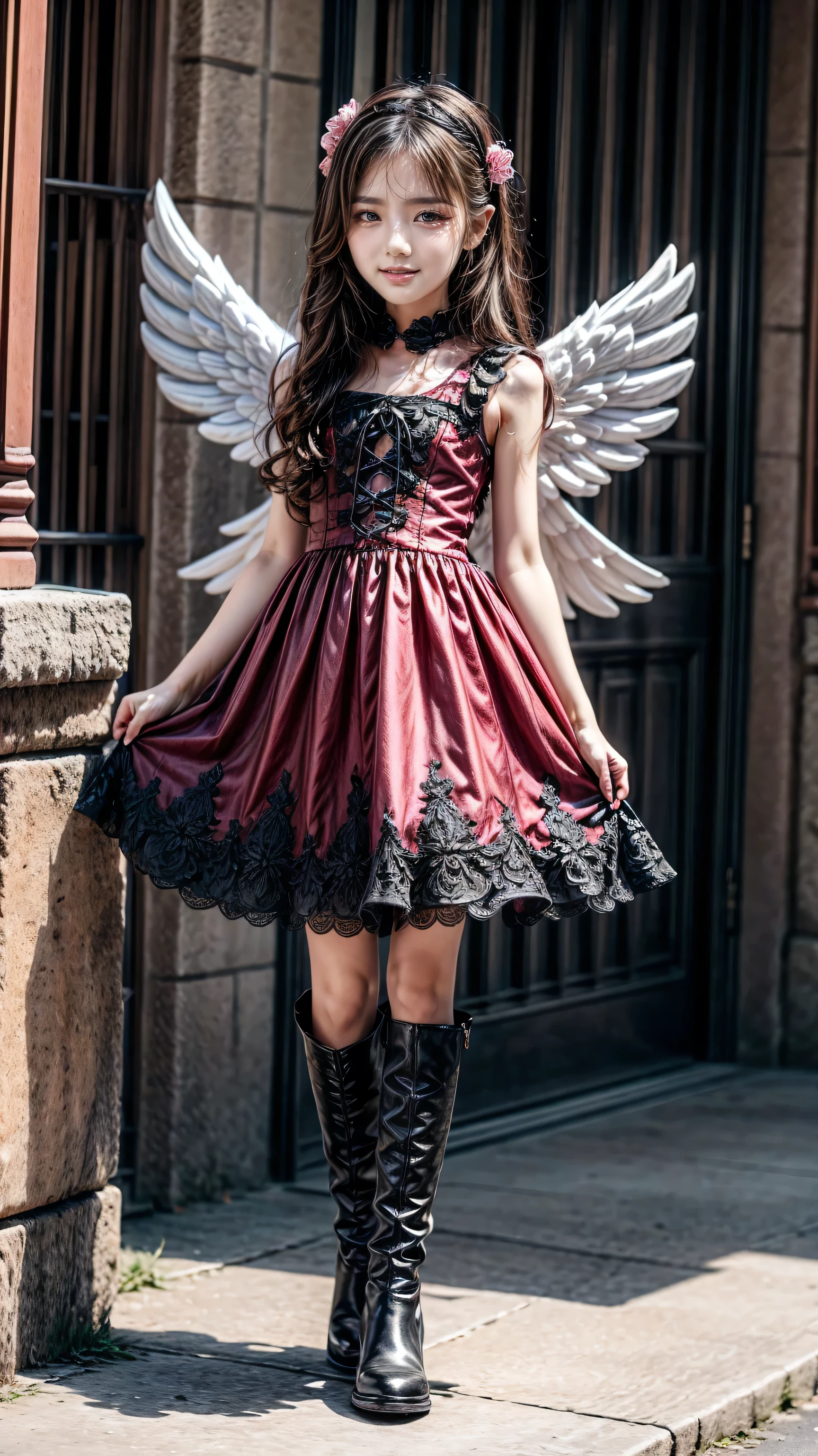 、 beautiful girl、very cute angel、 pink gothic dress 、cute、baby face、smile、 long skirt、 black long boots 、
