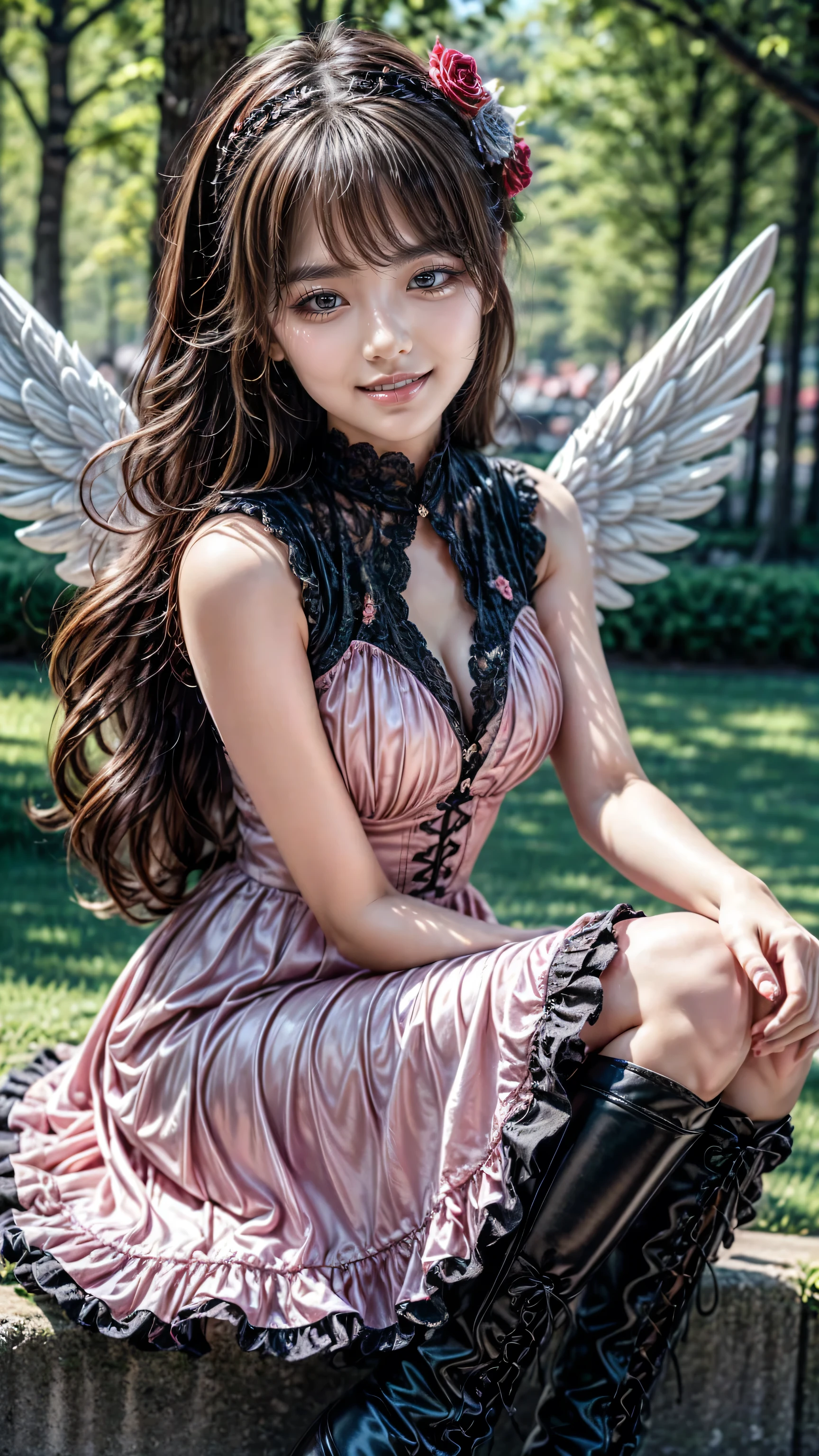 、 beautiful girl、very cute angel、 pink gothic dress 、cute、baby face、smile、 long skirt、 black long boots 、
