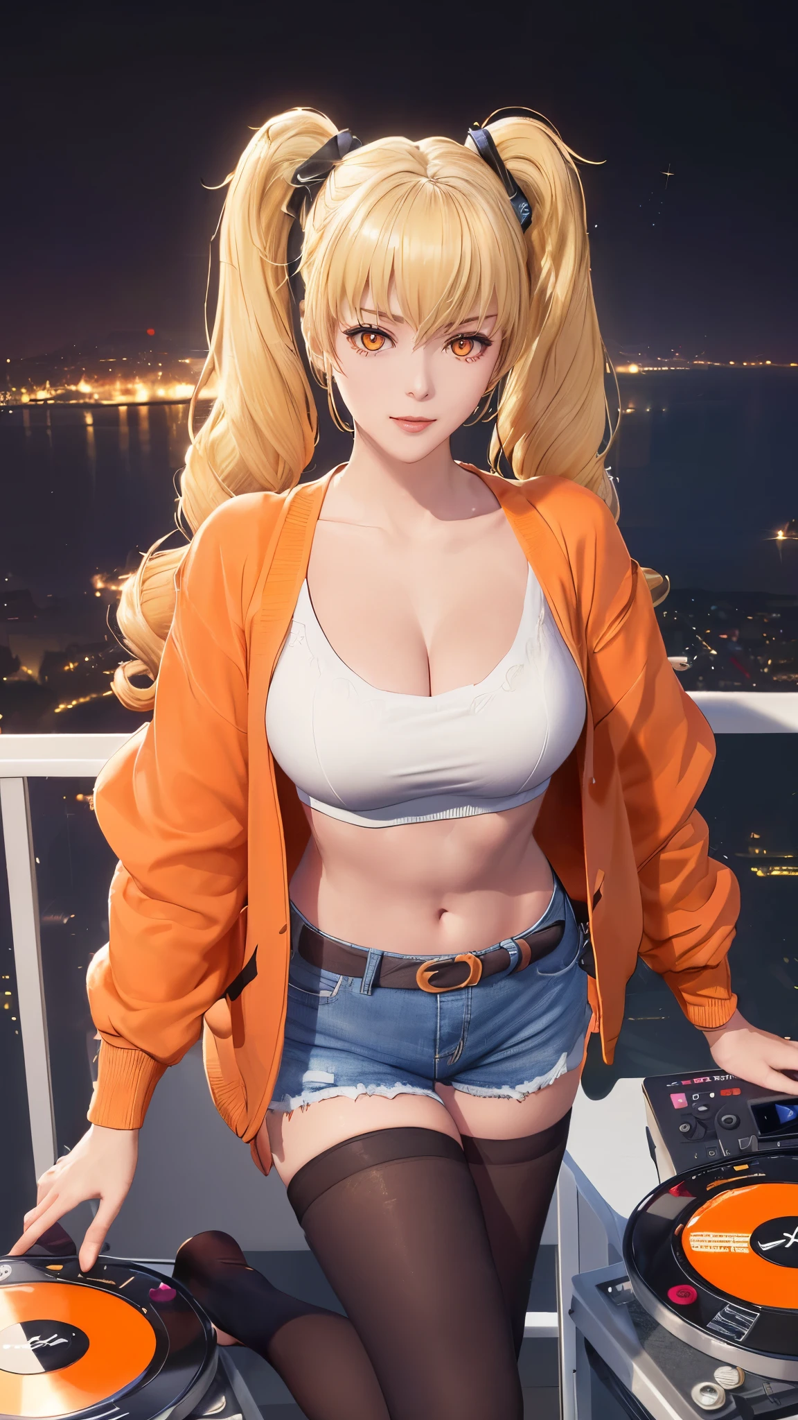 (（（figure，御姐figure,White and tender skin,（（（ orange cardigan jacket ， white navel top ， blue denim shorts，Little black belt ， Black Stockings  ）））,(（（twintails, Blonde_hair, orange_eyes,））),，((masterpiece)), highres icon,((Best quality at best)),masterpiece,quality,Best quality,(（（  and watch the audience， is open to the audience,Light in the eyes，happy，lol）））， huge ，A girl，In front of the disc player，Night scene background ，Bright colors）））