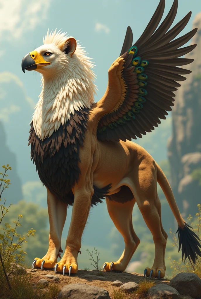 Create a realistic and unique image of a hybrid animal that seamlessly blends the features of different species. The creature should have the majestic body of a lion, with its muscular build and graceful posture. Its head should combine the noble features of an eagle, including sharp eyes and a powerful beak, giving it an air of wisdom and strength.
Incorporate the elegant wings of a swan, with detailed feathers that transition smoothly into the lion's body, suggesting the creature's ability to soar effortlessly through the sky. The hybrid animal should also have the agile legs of a cheetah, enhancing its speed and grace on land. Its tail should be a striking combination of a peacock's plume, adding a touch of vibrant color and regality to the overall appearance.
The background should be a natural setting, such as a lush, verdant forest or a vast, open savanna, highlighting the creature's adaptability to different environments. Ensure the details of the hybrid animal, including its fur, feathers, and scales, are intricate and realistic, capturing the unique and harmonious blend of its various components.