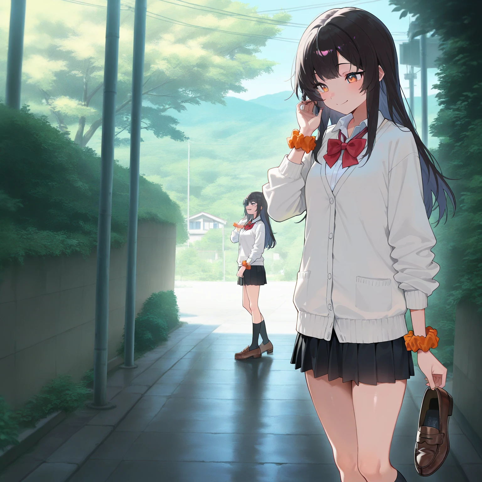 masterpiece, best quality, amazing quality, very aesthetic, absurdres,  newest, scenery,hand,1girl, anime, solo, source_anime、


aarikka,long hair,bangs,school uniform,red bowtie,white cardigan,white shirt,long sleeves,wrist scrunchie,orange scrunchie,black skirt,socks,red socks,loafers,brown footwear,outdoors,standing,cowboy shot,smile,


 masterpiece, best quality, amazing quality, very aesthetic, absurdres,  newest, scenery