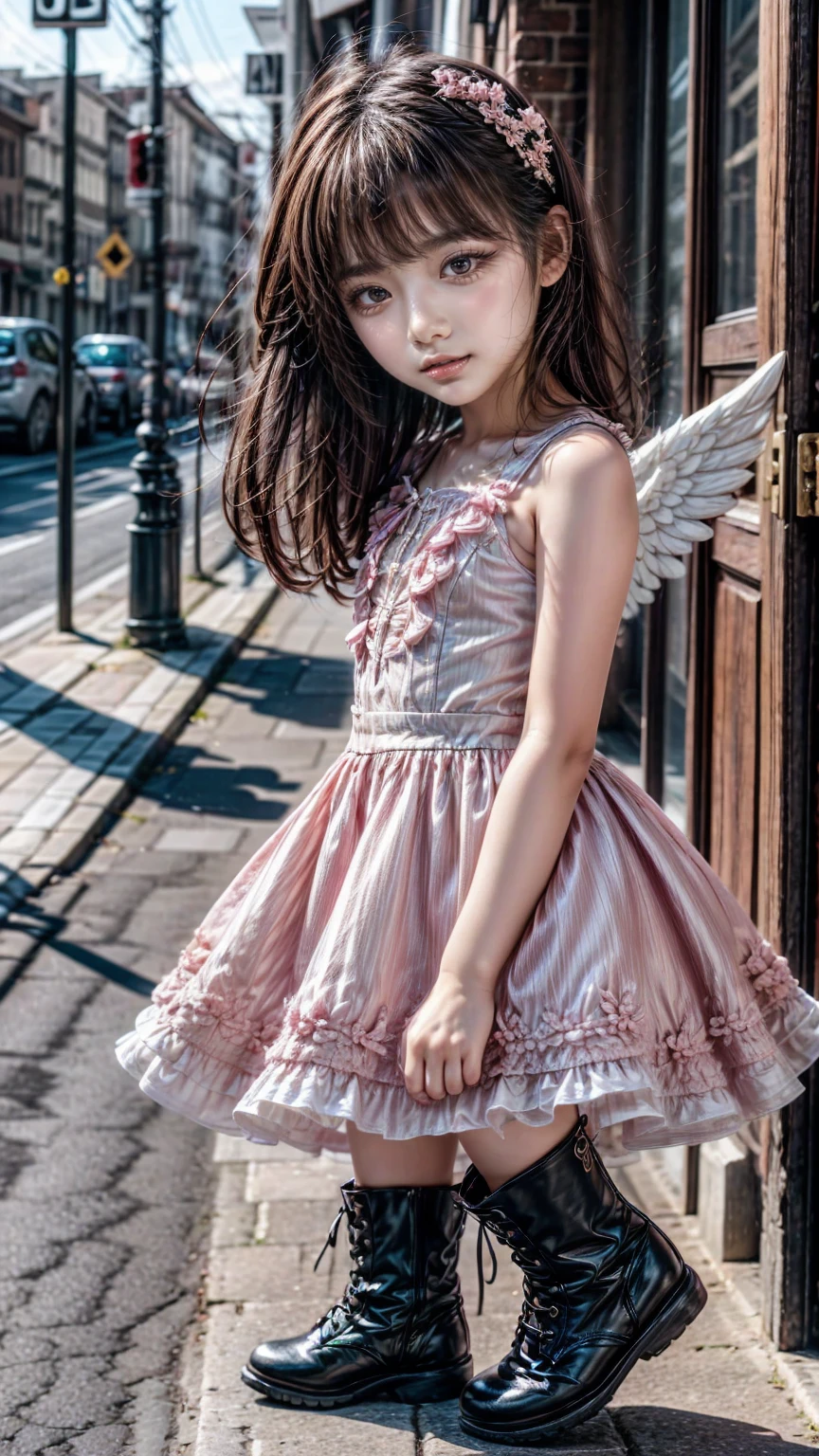 、 ((beautiful girl))、(very cute angel)、 pink gothic dress 、cute、baby face、smile、 long skirt、 black long boots 、 