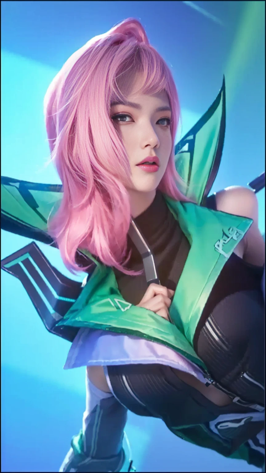 a woman with pink hair and a green jacket is holding a sword, rossdraws 1. 0, artgerm lau, extremely detailed artgerm, artgerm jsc, ig model | artgerm, rossdraws 2. 0, style artgerm, rossdraws pastel vibrant, kda, ! dream artgerm, rossdraws 2. 5