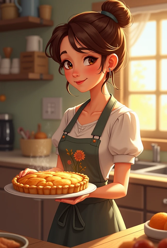mrsturner, brown hair, blue eyes, earrings, red lipstick, blue shirt, belt, white pants, looking at viewer, smiling, standing, inside kitchen, holding plate of food, macaroni and cheese, high quality, masterpiece, <lora:mrsturner-guy-v2:.8>