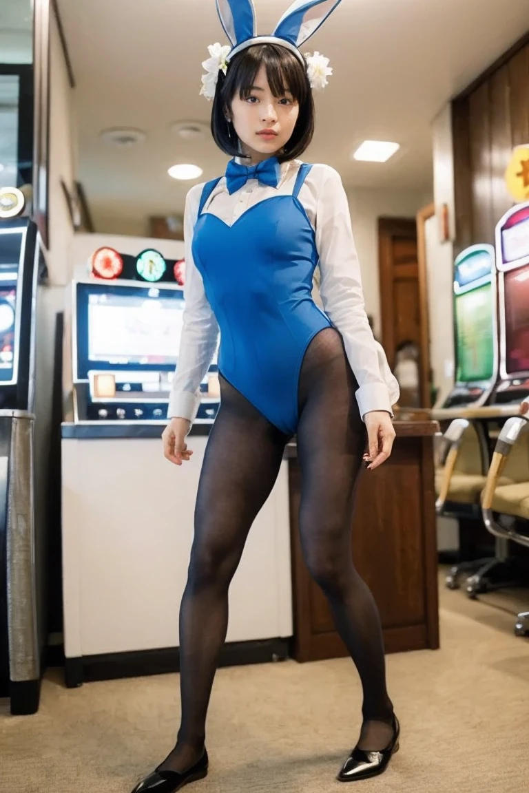  comfortably dressed, Jester, fake rabbit ears,  Blue Leotard ,  bow tie,  pantyhose ,  wrist cuffs , (black_ pantyhose ), black hair,  bob cut from the front,  standing,  bunny girl, standing,casino