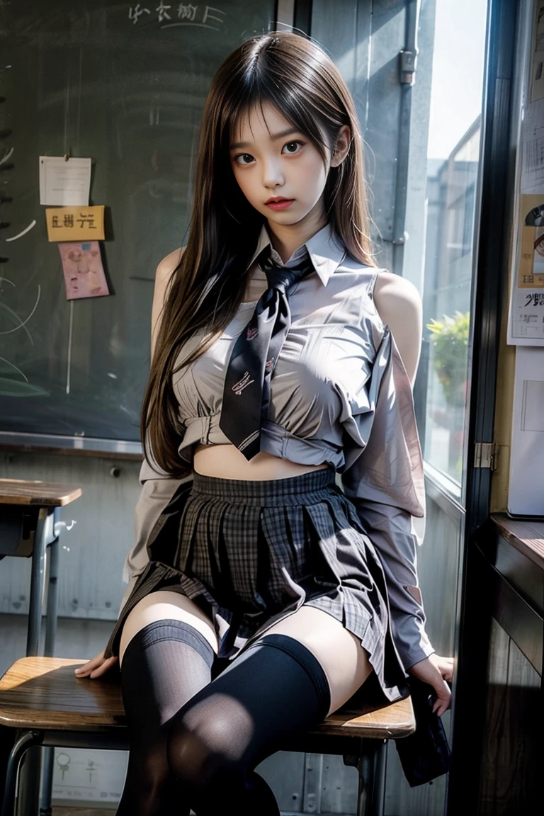  Japanese、Model、Big Breasts、Blonde、 school uniform、tights、 shows shoulders、 cleavage visible、 belly button visible 、classroom、 sitting 