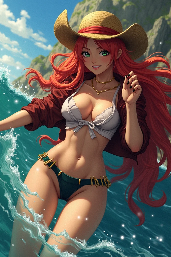 women cowboy bright eyes long golden hair red lips pink makeup athletic body slim waist big breasts big buttocks. riding a horse of a certain arid hot sun guns