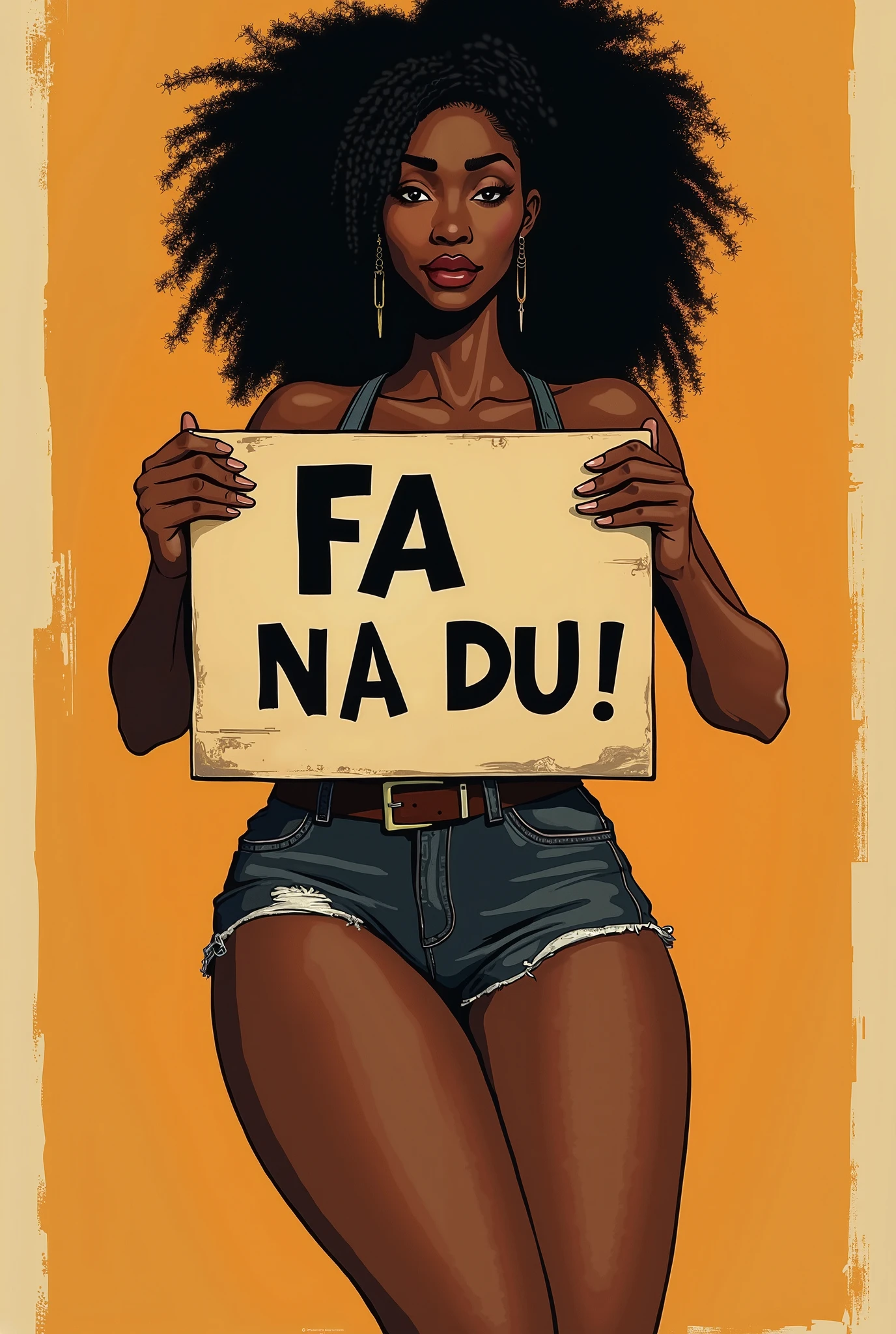 a beautiful black woman with huge afro, very large breasts, naked and protesting down street holding up blank sign