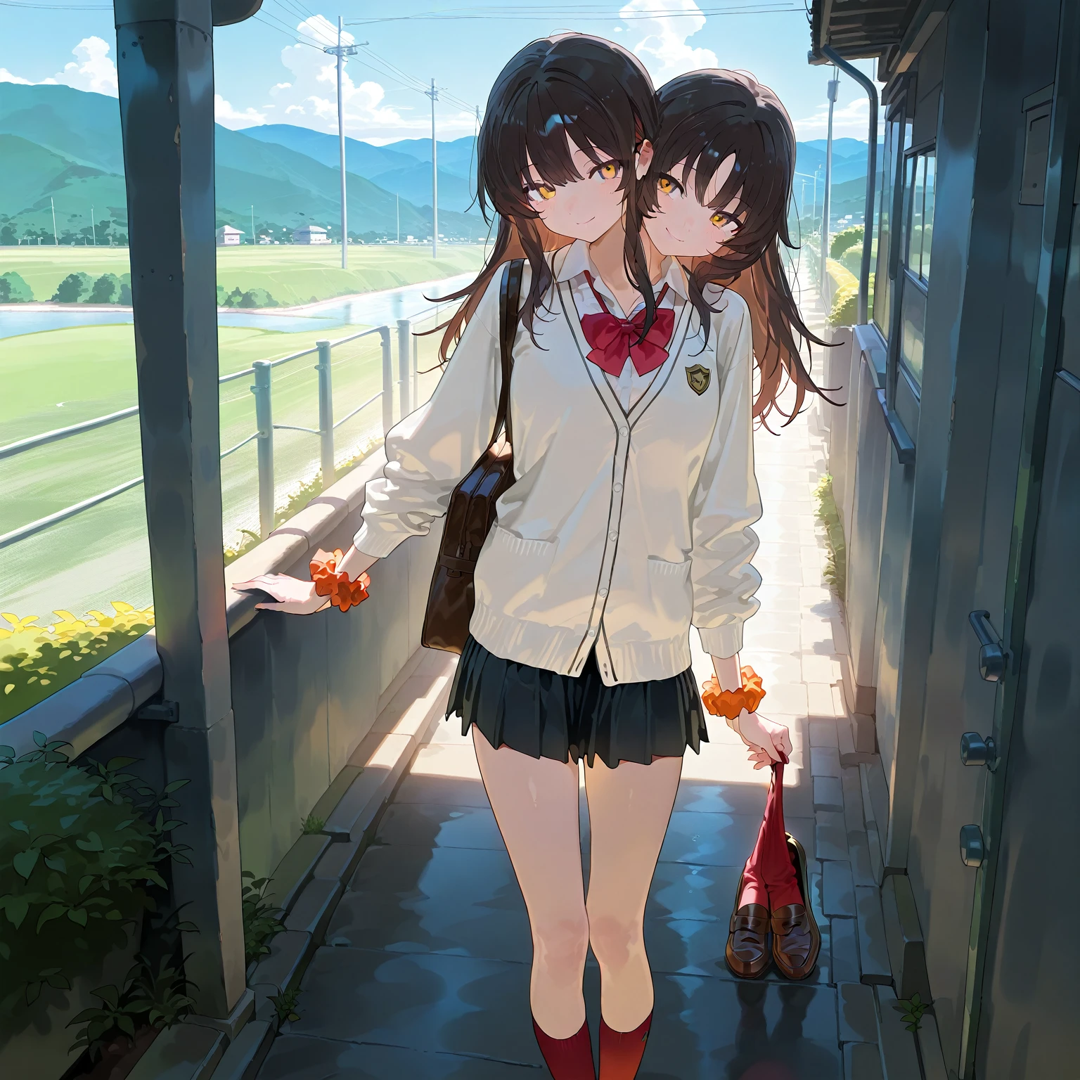 masterpiece, best quality, amazing quality, very aesthetic, absurdres,  newest, scenery,hand,1girl, anime, solo, source_anime、


aarikka,long hair,bangs,school uniform,red bowtie,white cardigan,white shirt,long sleeves,wrist scrunchie,orange scrunchie,black skirt,socks,red socks,loafers,brown footwear,outdoors,standing,cowboy shot,smile,


 masterpiece, best quality, amazing quality, very aesthetic, absurdres,  newest, scenery