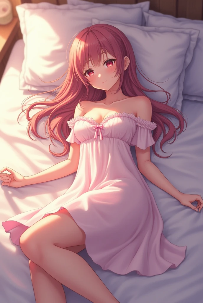 Starfire, shiny_dress, pink_silk_glossy_fabric, skinny, thin_legs, lace, nightwear, glossy_fabric, shiny, short_dress, cleavage, glossy_fabric, long_red_hair, skinny, bedroom, gentle_smile, blushing, beautiful, female, high resolution, 8k