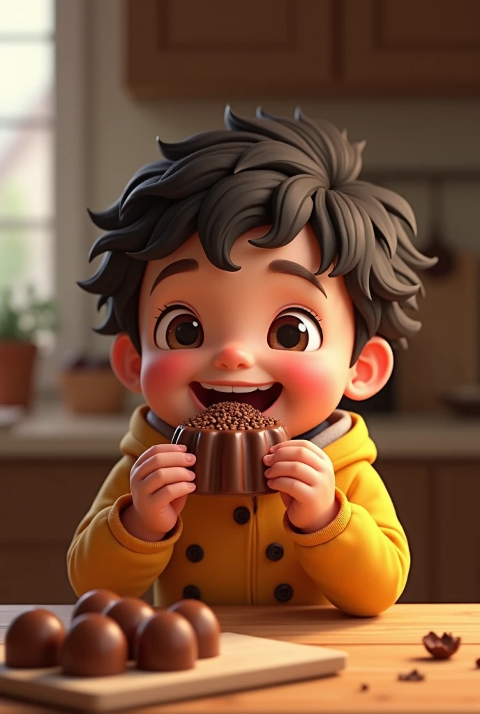Create an image of a chubby boy with glasses eating a chocolate covered banana