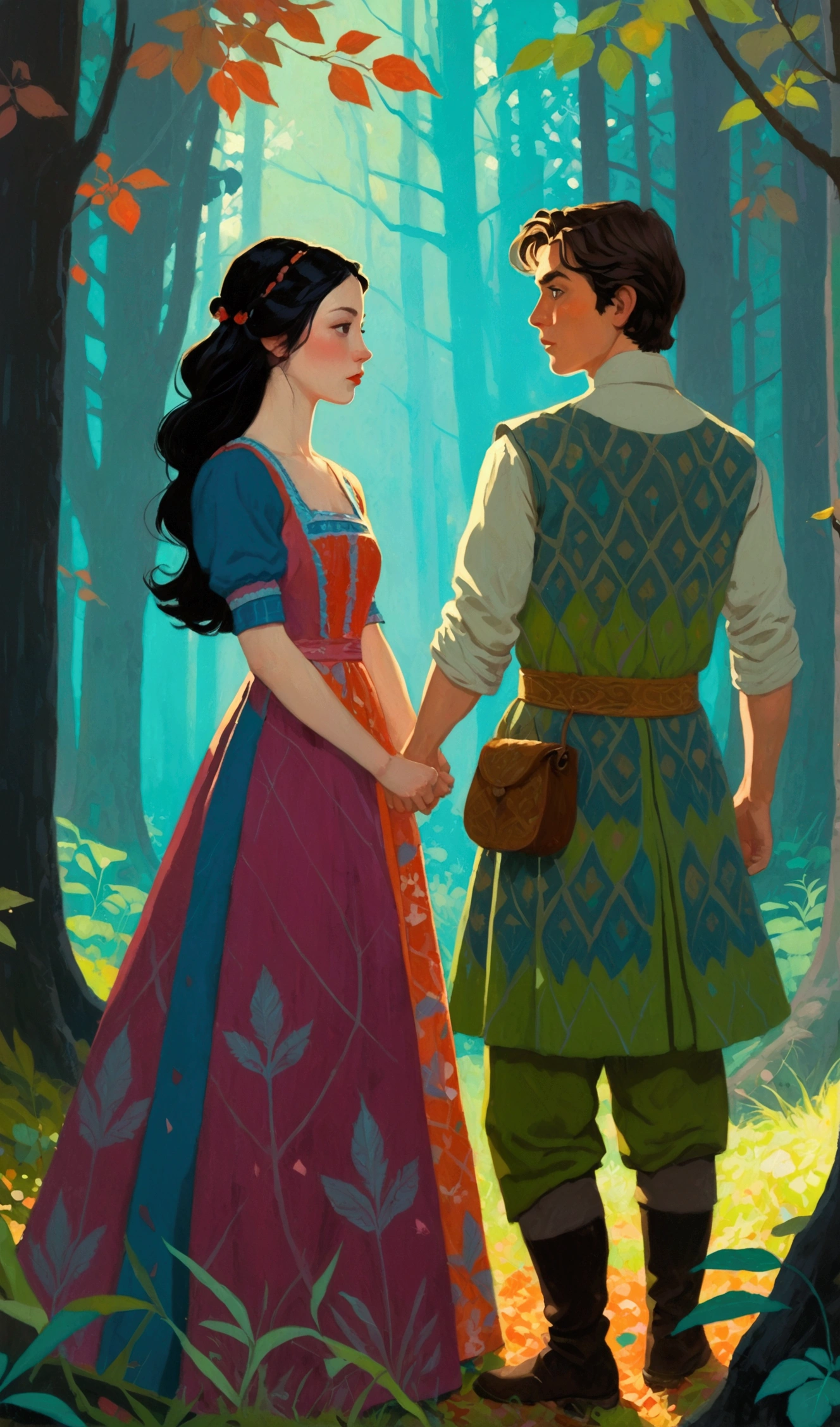 2D ART, hyper detailed gouache painting, realistic features, cartoon, illustration, gougoupaintleaves style:1.2, 1girl wearing a vibrant medieval peasant dress standing next to, 1boy wearring tunic and leggings, at night, full body shot of a young couple walking together in a dark forest, hyper detailed faces, soft serene expressions, detailed clothing, High-quality illustrations, Trending on artstration, wide angle shot, flat painting, Illustration Art, Ilya Kuvshinov style, The Art of Mathematics ilya kuvshinov, highly detailed, uhd image, intricate details detailed scene background, detailed, 8k, trending, amazing art, score_9, score_8, score_7, a digital painting inspired by Will Barnet, by Magalli Villaneneu, tumblr, Digital Art, solo portrait 🎨🖌️,  calm style, Digital Art