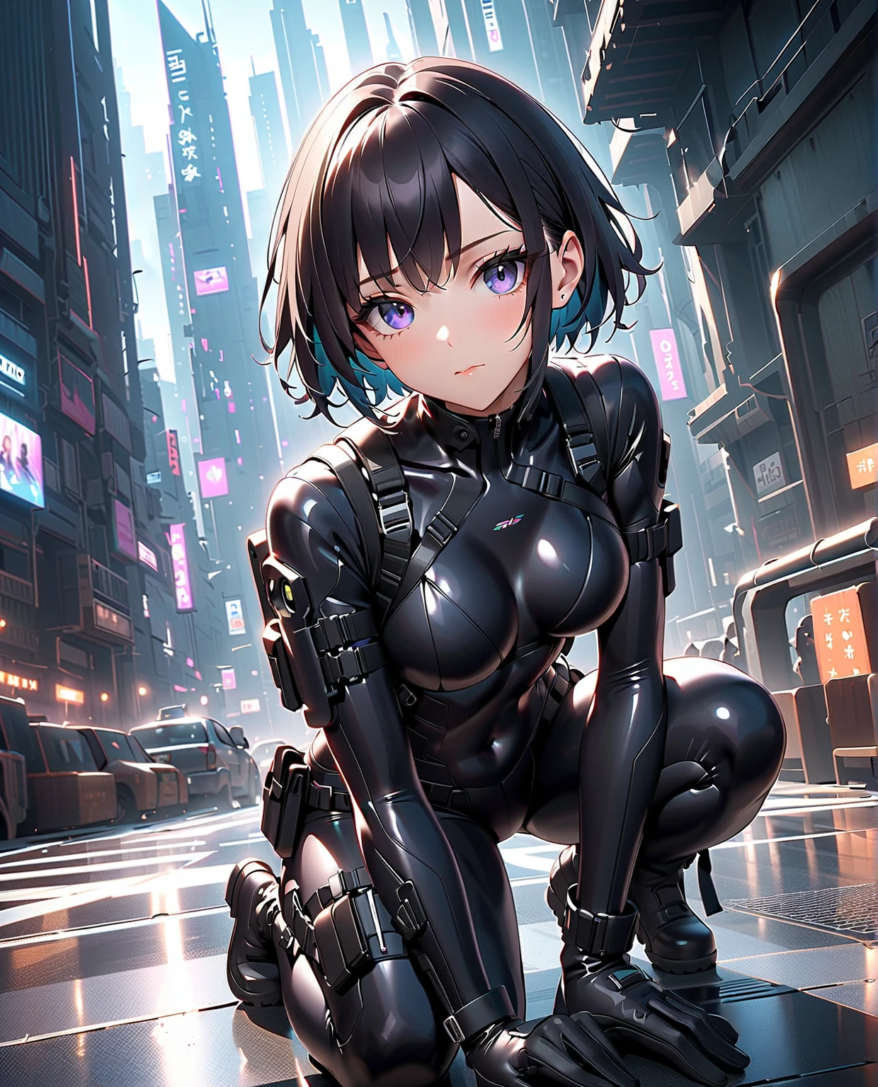 1girl, (masterpiece:1.3), high resolution), (8K), (extremely detailed), (4k), (pixiv), perfect face, nice eyes and face, (best quality), (super detailed), detailed face and eyes, (solo), textured skin, absurdres, highres, gallywz, red facepaint, bare shoulders, mechanical arms,(mechanical hands:1.1),  robot, facial mark, (bodysuit), (pants) ,cyberpunk, brown eyes, black hair, short hair, looking at viewer, squatting, city lights, cityscape,
