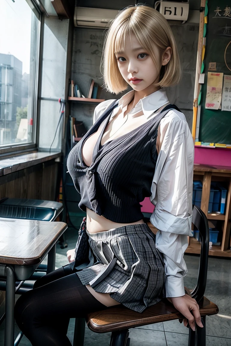  Japanese、Model、Big Breasts、Blonde、 school uniform、tights、 shows shoulders、 cleavage visible、 belly button visible 、classroom、 sitting 