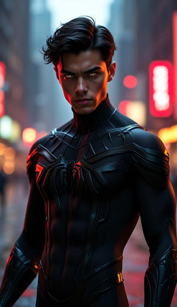 Full body of a young handsome man in a strong, confident pose, He is viewed from left side behind, with his head turned over his shoulder to look back at the viewer. The man holds a futuristic katana with one hand resting on his shoulder, while the other arm is relaxed by his side. The man thighis big and muscleser. He is standing on a rooftop in cyber city and neon lights hit him. He is wearing nightwing coustom.masterpiece, a high resolution, (Male focus), (1 boy, slim, 20 years, half aisan half Russian, short hair, Brown hair, bedroom), mini shorts exposed ass, Torn edges, torn on the buttocks, , looking back, Curious, Close-up, 8K, HDR His body is greedily explored. He has big ass, wide shoulder. He is wearing nightwing coustom