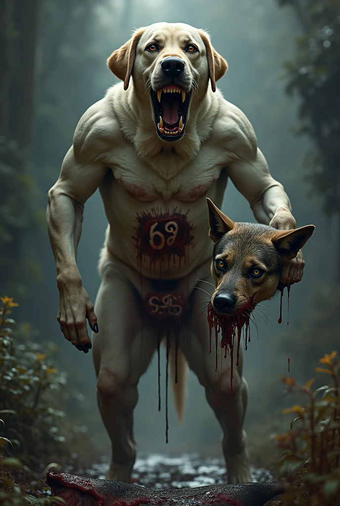 Centaur with the body of a man with the head of Mickey Mouse in his hands dripping with blood, Many greyhounds around watching and others running, baroque background with birds