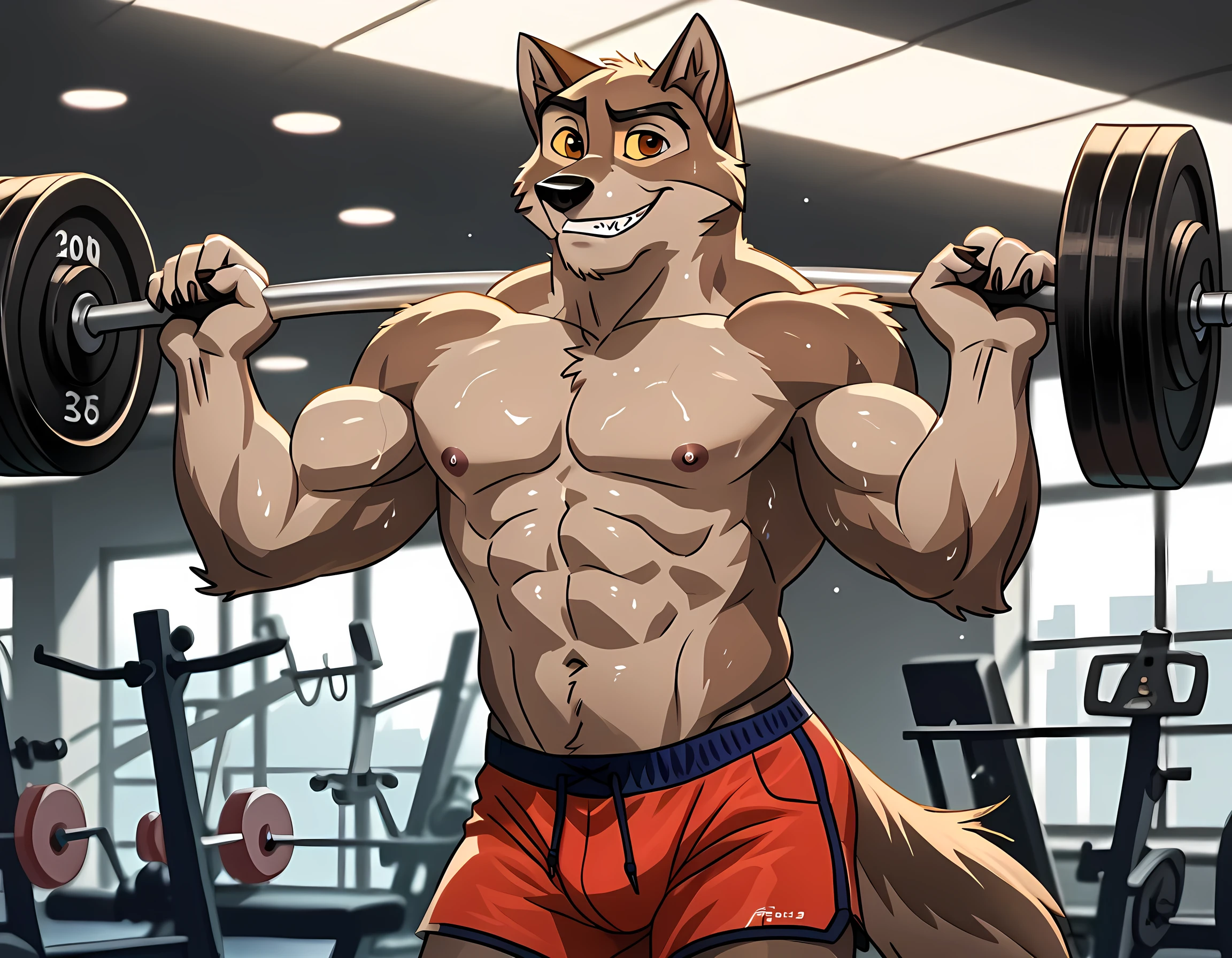 baltotwd, wolfdog, balto, brown eyes, yellow sclera, solo, detailed, detailed face, anthro, male, adult, heavyweight, very muscular, gym background, blurry background:1.2, beautiful lighting, shirtless, wfa style, blotch style, taran fiddler style, cel shaded:1.2, flat colors, workout shorts, (sweaty body, shiny body, glistening body):1.3, lifting weights, working out, barbell, correct hands, correct fingers, looking at camera, bulging biceps