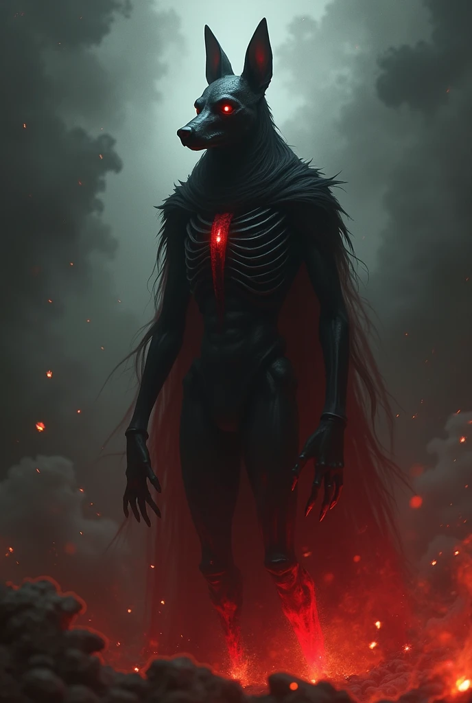 Create an image of a female werewolf. I have black fur. The head looks like a fox&#39;s head. The eyes are yellow-orange. The body is thin. There is a glowing orange magic symbol-like circle on the chest. There is a black ray emitting from the middle of the back. I am in a dark horse barn.