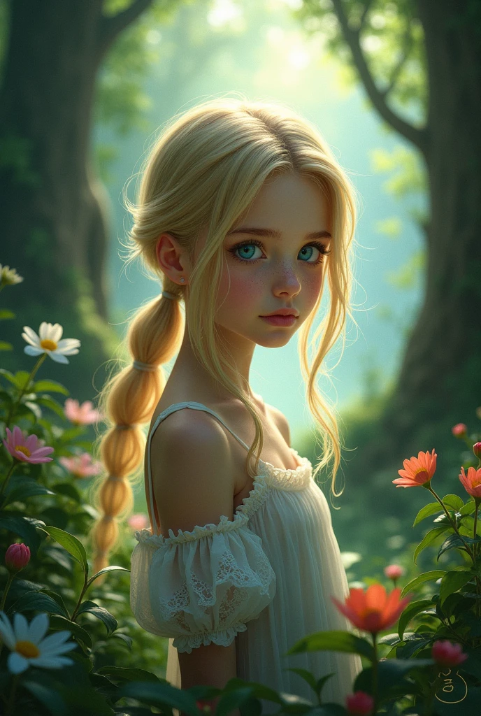 One Girl,(1人のとてもcute女の子:1.3),masterpiece,Highest quality,High resolution,From below,Low - Angle,Photorealistic,RAW Photos,Ray Tracing,Physically Based Rendering,beautiful girl,(12 years old:1.3),cute,Big Blue Eyes,(detailed pupils:1.2),(The face is facing straight ahead:1.3),Body facing forward,Beautiful nose,Upturned nose,Fuller lips,Platinum Blonde Hair,Detailed eyelashes,Thin eyebrows,Very fine grain definition,(Symmetrical eyes,Golden Ratio:1.3),(Full Body Shot,Whole body:1.0),Small breasts,Short neck,Light blue dress,White apron,forest,Alice in Wonderland,Spring sunlight,Soft Light,Portrait,View Viewer,Stand up straight,Cinema Lighting,High resolution,Very detailed