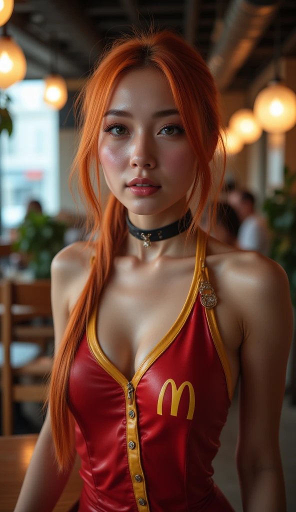 est quality, masterpiece, highly detailed, realistic, skinny sexy cumface girl working at a Mcdonalds restaurang, cleavage, beautiful realistic and enchanting girl in a very sexy  revealing McDonalds uniform, skinny  anorexic slim body, with very small  breasts, ginger häir, Holding a plate with a hamburger meny, long eyelashes, pink rouge, heavy makeup, glittery rouge, glittery makeup, seductive smile, with an ethereal aura in a captivating fantasy realm, stylish, cool, edgy, fancy, luxurious, , sexual, seductive, Black choker with gold ring, , (cumface woman with lots of white cum, choker, restrained in heavy metal chains, in a workshop garage, crying, runny mascara, sticky, wet, dripping cum all over here face), Cum all over here hair and body, cum is dripping down cumshot, lots of sticky cum, (lots of cum is dripping down on there tits and body),((She is on here knees on the floor looking up at wiewer with seductive facial expression)), ultra realistic, skinny fit, super long pony tail, ful body image,
