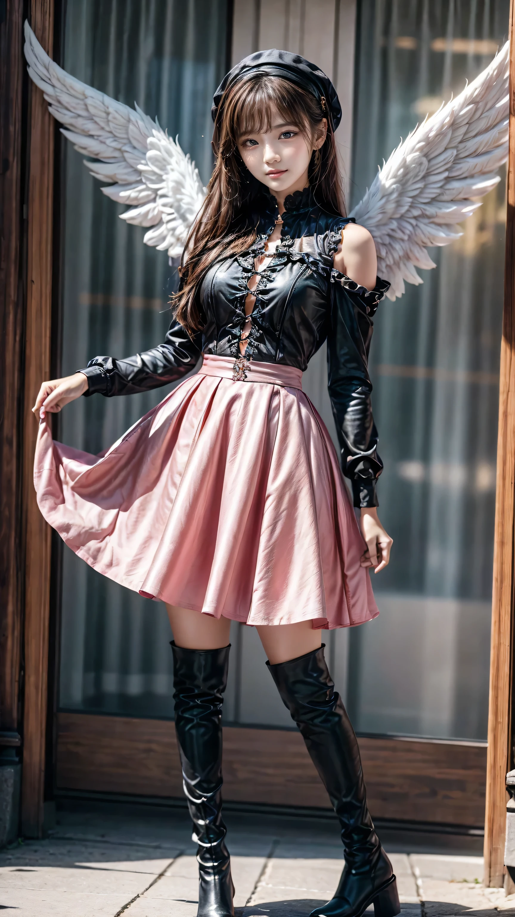 、 (beautiful girl)、angel:1.3、 pink gothic dress 、cute、smile、 long skirt、 black long boots 、 