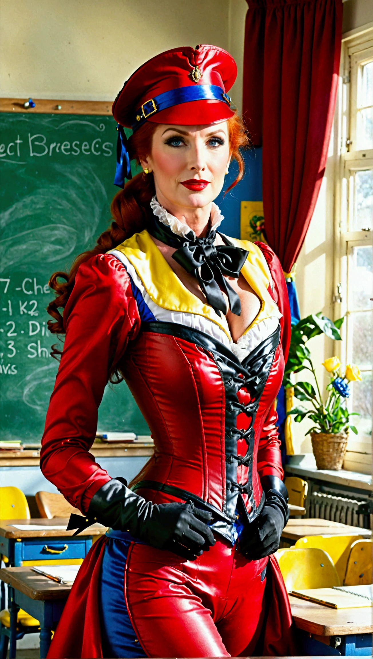 An English governess around 75 years old with a composed and authoritative demeanor, wearing a low cut red leather corset, yellow velvet pants, yellow pill box hat, very large breasts, very large cleavage, high heel boots, smile. She has the appearance of a dressage rider. The setting is a classroom with desks, a chalkboard, and typical classroom decorations, long red hair tied back, muscular, red lipstick, red gloves, blue eyes, black eye shadow, full height view,