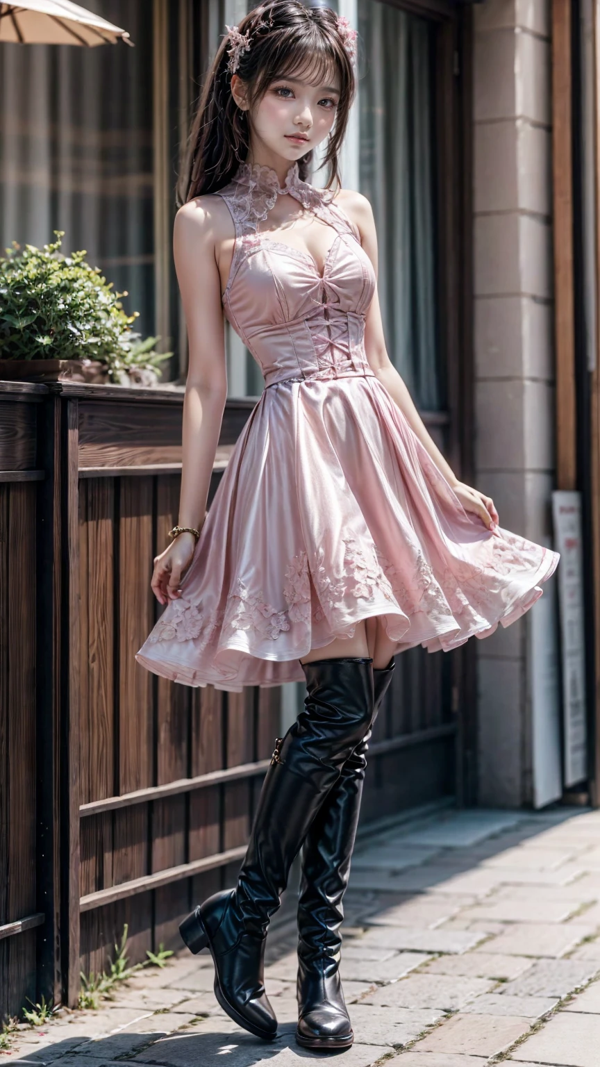 、 (beautiful girl)、angel:1.3、 pink gothic dress 、cute、smile、 long skirt、 black long boots 、 