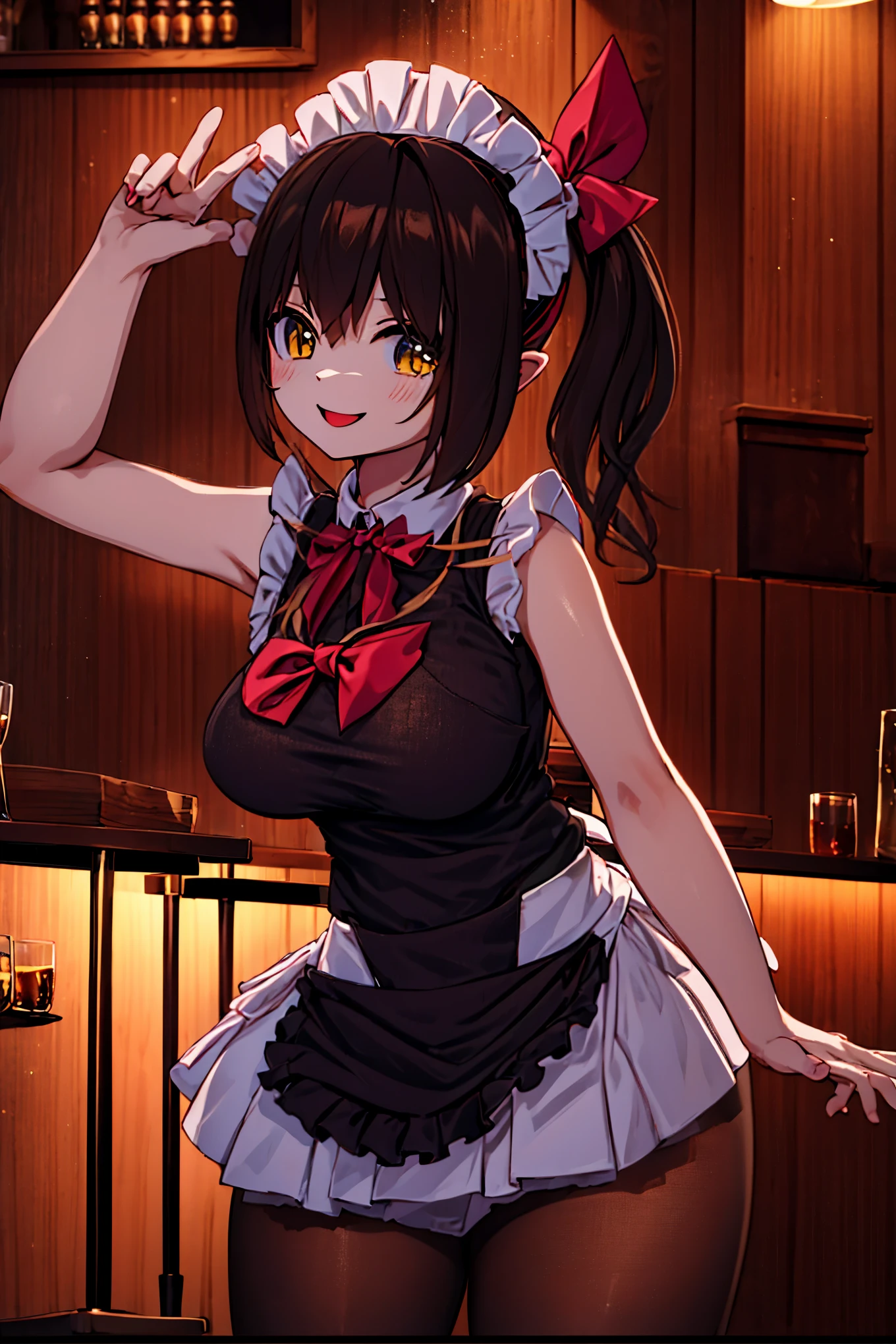  Bunny Girl Style ，Maid Girl ， Tavern Waiter ， red bow tie ，red bow tie， Ruffle Camisole ，thigh，Thin waist and wide hips， Black Hair Side Ponytail Girl， red headband，Maid headbands， Maid Ruffle Headband ， Tavern Background，Bar Background，Bar Background，Indoor background，Indoor background， Yellow Background ， Tavern Background，Smile，Smile，cute，Tights风格，Tights，兔女郎Tights，Bar Background， Tavern Background，Indoor background