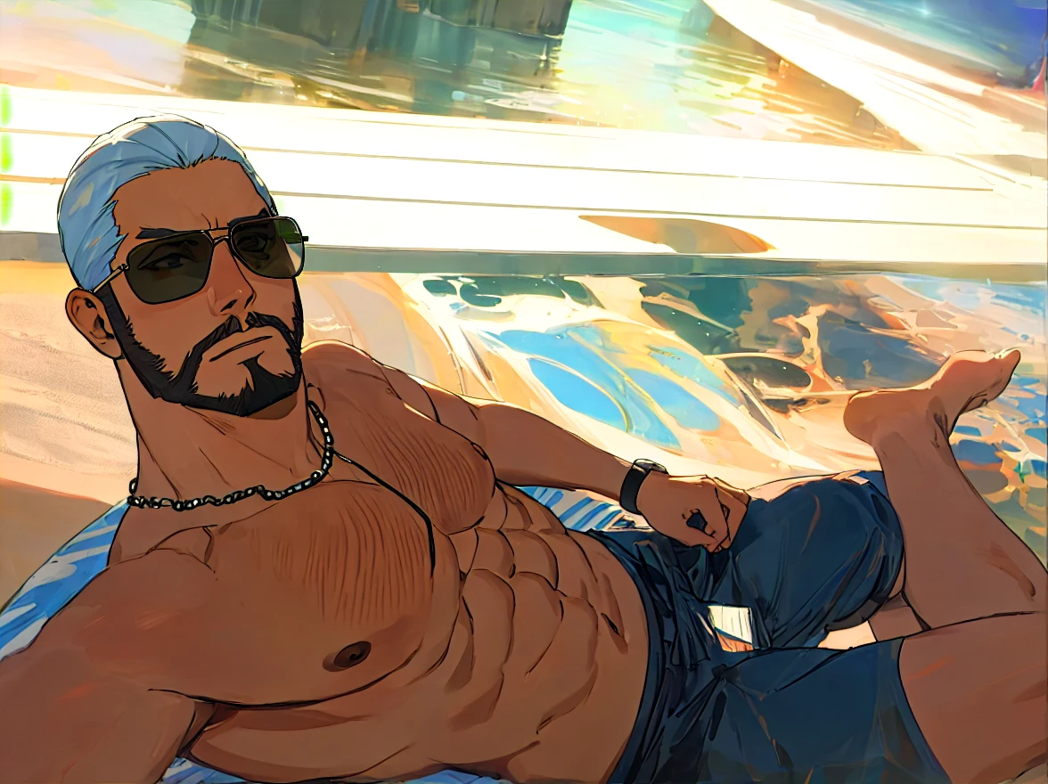 (เด็กชาย 1 คน,เป็นผู้ชาย),หนุ่มอนิเมะกล้ามโตในยิม, facial expression like masturbation, 1boy, bikini, Tight muscles, Broad shoulders, Handsome and old, Tiny underwear, Sexy, sex, Guy, Gay, Sea, jacket, sunglasses, boy, floral bikini, bright white hair, tight leg muscles, big Cook, Big muscles, Asian guy, Sit with your knees raised,