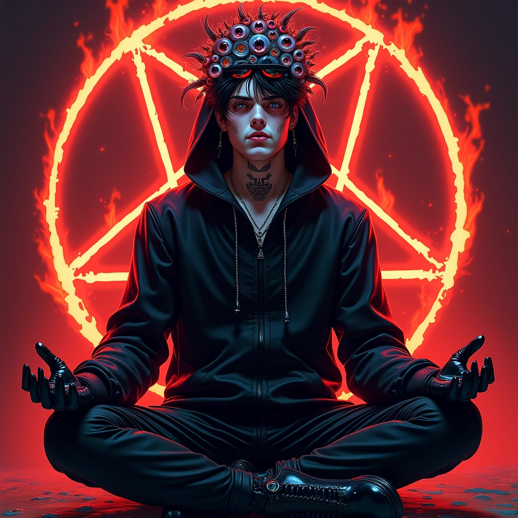 1 boy, meditating, monk, chained to the ground, cuffs, shackles on neck and limbs, red background, red eyes, glowing eyes, anger, defiant pose, looking at viewer, looking down, simple background, ultra-detailed, long sleeveless black suit, muscular, tough, damaged, wounds, kneeling, black and red theme, black and red theme, red hot chains, tattoos, prison, pentagon on ground, satanic