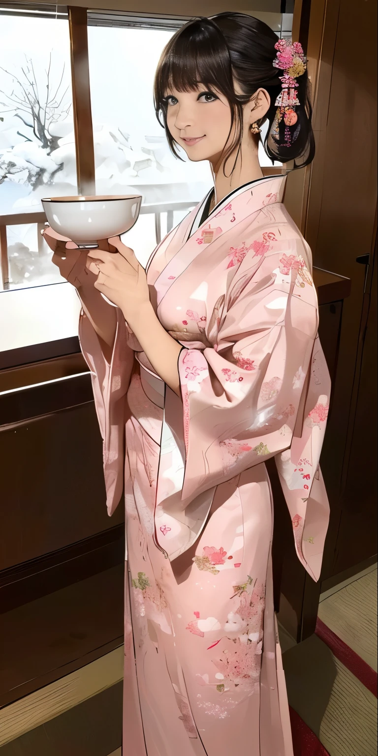 (((狐のしっぽ:1.5)))、((( Big Breasts)))、((Tight abdomen))、(((20-year-old woman、Thin, Sheer, Decorated kimono)))、 high definition、 high quality、 high definition、 Details、masterpiece、 mature woman、Big smile、 (((狐のしっぽ:1.5)))、 light brown hair、 bun hair、 (((狐のしっぽ:1.5)))、 Tied to the back and perfect proportions、Kimono-style costume、 embellished sheer bras and thongs、 pink panties、 Kimono Style Garter Belt 、 Exposing Clothes 、I can see your thighs、(((The background is a large hot spring、Snow Scene))) hair accessories 、 earrings for a woman alone