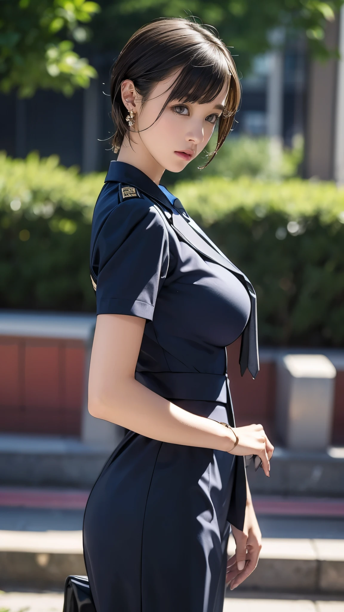 (8k, Best Quality, Masterpiece, Realistic, Ultra Detailed:1.3), (1girl, pretty Japanese politician), (suit jacket, tight mini-skirt:1.3), Smile, (big breasts, cleavage, perfect body:1.3), (naked:1.4), bangs, necklace, navel, (indoors, palace) ,(crowd, female police officers:1.3), beautiful legs,