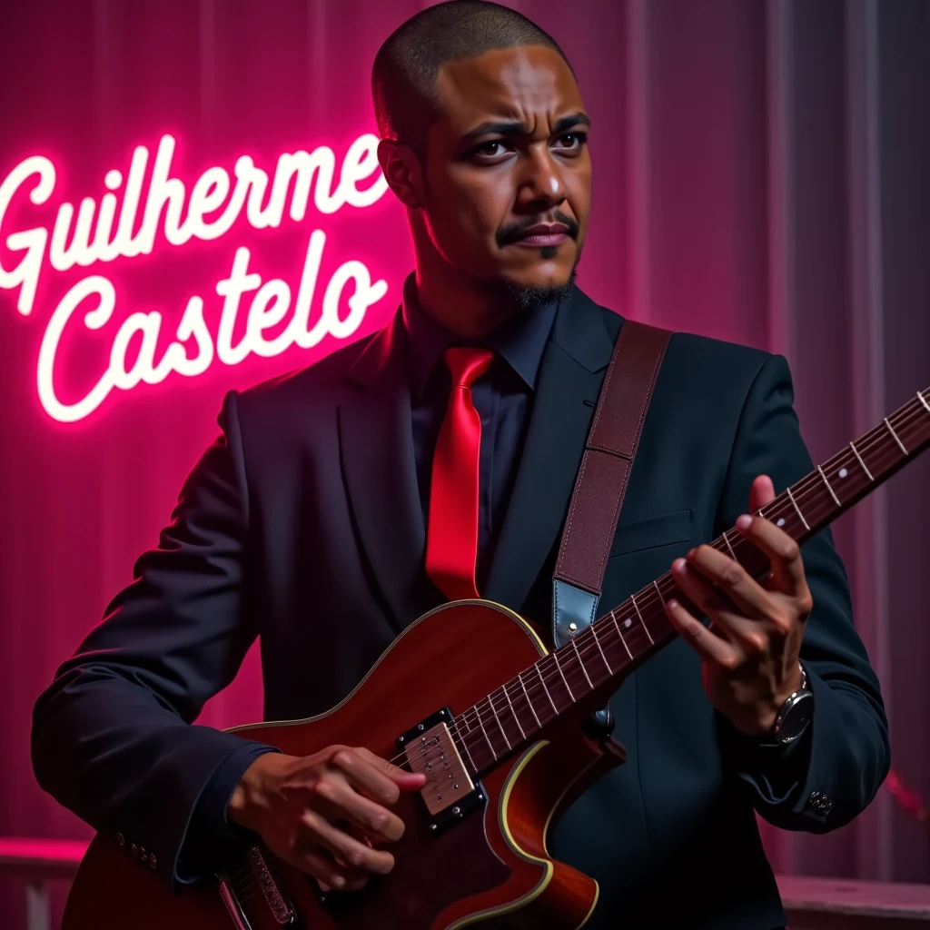 Handsome blackman in a black suit and red tie with a guitar . In the background you can read "Guilherme Castelo" in a capitular font on a neon sign featuring the musician of the evening today. shaved hair style, black color hair, very short hair.