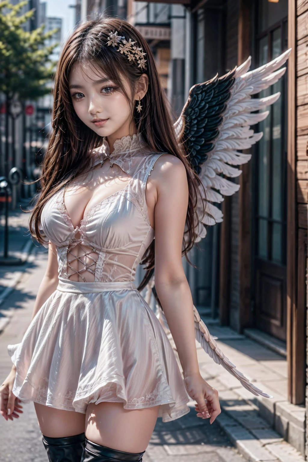 、 (beautiful girl)、(long angel wings:1.3)、 pink gothic dress 、cute、smile、 long skirt、 black long boots 、 