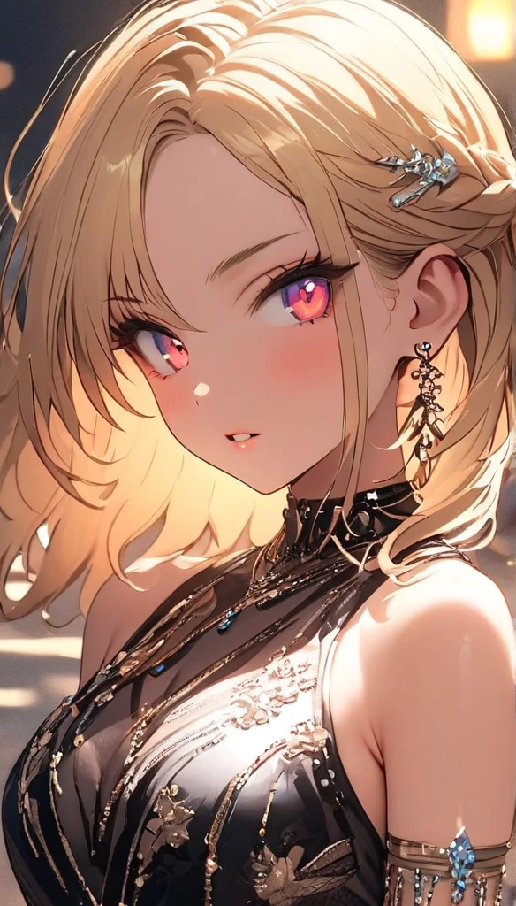 (best quality: 1.2, very detailed, high detail, ultra-high resolution, masterpiece: 1.2, 8k, top quality, best aesthetic, perfect lighting: 1.2, best shadow, high contrast, high color saturation), anatomically correct, perfect hands, anime style, anime artwork, cinematic lighting, 
(girl wearing shiny golden leopard print bikini, leopard ears), (20 years old, 170cm), gorgeous, 
medium straight hair, (ponytail: 1.2), shiny platinum blonde hair, (smoky pink gradient hair: 1.2), bangs, 
((small head: 1.2)), (small face: 1.2), slender body, slim, long limbs, medium  breasts, light tan skin, 
laugh with open mouth, cuspid, sensual look, sparkling red eyes, Light reflecting in the eyes. (finely detailed beautiful eyes: 1.3), double eyelids, (eyelash: 1.3), (eye shadow: 1.2), (light pink lip: 0.9), 
necklace, ear piercing, bracelet, 
cowboy shot, 
night, city, cyberpunk, futuristic, 
deep depth of field, 