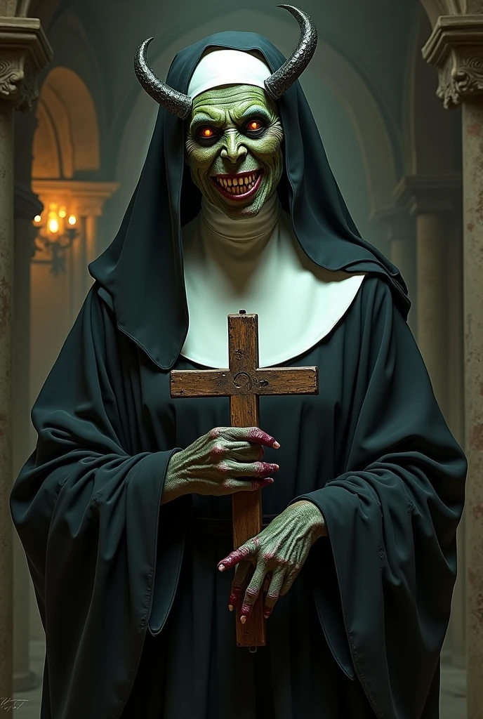 (Realistic:1.5) (masterpiece) (full body portrait)) horror brown hair, vase, blood, nun, blunt bangs, green eyes, nun, sharp teeth, upper body, colored skin, undead, closed mouth, colored sclera, facing viewer, light bulb, nose, <lora:EdobHorror_v1.0:0.8>