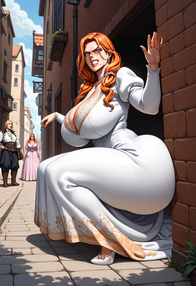 Female,milf,mature,Orange hair,long elegant hair,gigantic ,gigantic ass,Elegant uniform,angry face,almost naked,front view,medieval time,crouching pose,wall with alley on side,mole on boobs,white uniform,three guy standing far away,hiding pose