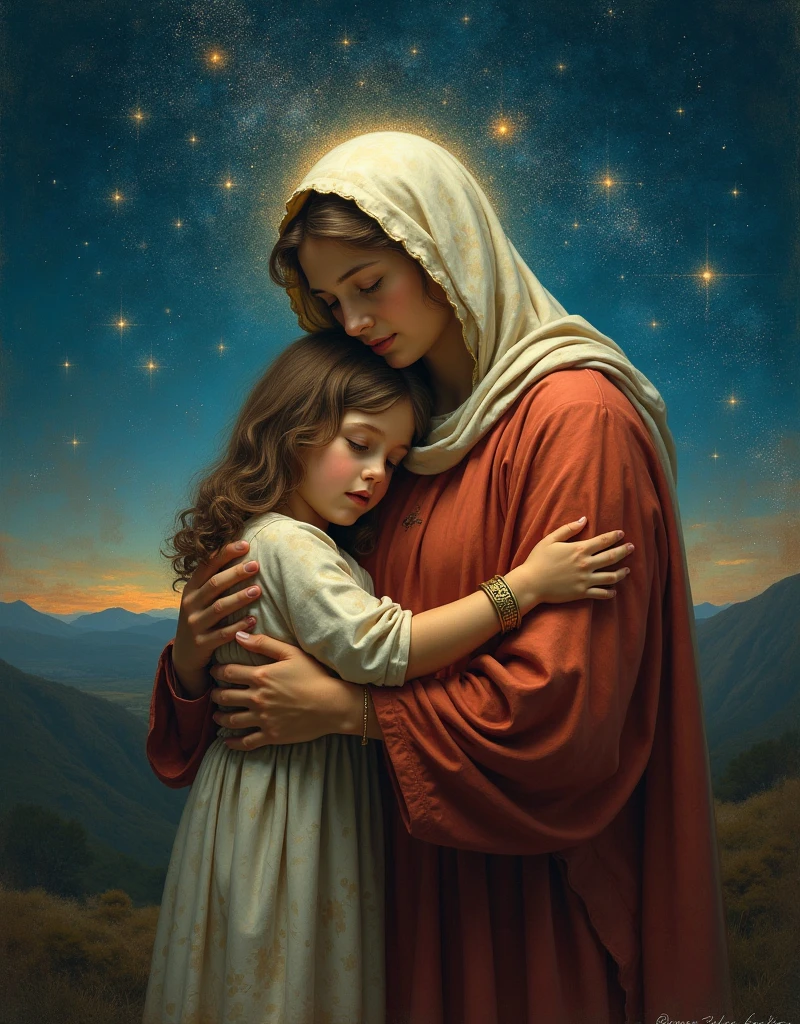 (absurdres, highres, ultra detailed), 1 female, 1baby, Mary mother of Jesus, with a long and beautiful dress, night sky with a very bright star, northern lights, grass on the ground, old house with a bonfire, (((Mary with baby Jesus in her arms))), 