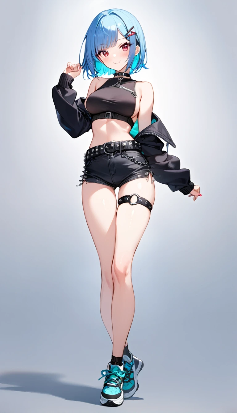 Dim 4:1>, Best quality, Ultra-detailed,,1girll, Solo, nikkeanis, aniswear, Cross-eyed, short_Hair, Open_Mouth, Large_Breasts,_decorations, upper legs, Hat, cleavage, , Jacket, Short skirt mini skirt white stockings blue pleated shirt+white skirt
