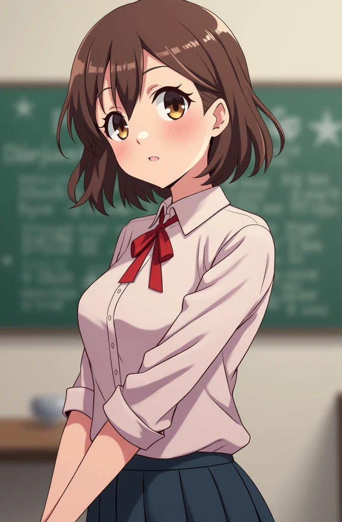 ((((kipteitei art)))), ((highres)),Masterpiece, high quality, best quality, beautiful, perfect lighting, detailed face, ultra cute face, ((1girl)), ((solo), brown hair, bob cut, bangs, ((fluffy hair)), brown eyes, nervous look, shy, blush, ((school uniform)), ((tan Blaser sweater)), thigh highs, green skirt, classroom, ((small breasts)), perky breasts, wide hips, thick thighs, 19 year old girl,