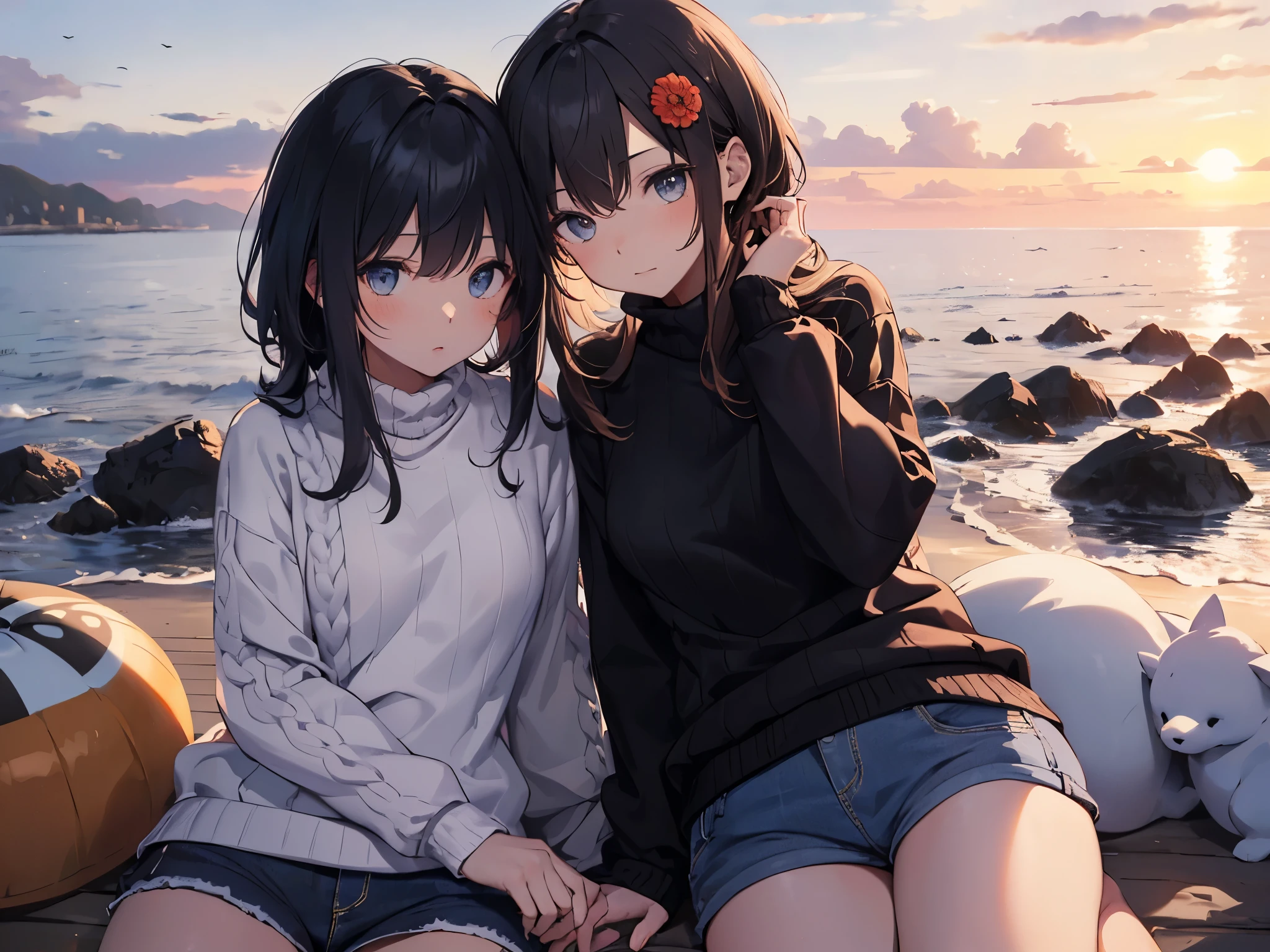 Alone、 1 Girl 、(Human Ear)、( short)、( black hair、Long Hair、 hair tied with big red ribbon 、Flower hair ornament on the front )、( Yandere)、( face lying on air mattress 、 place your hand on the head、 looking at the camera)、( denim shorts 、 turtleneck black cable knit sweater、Thick clothing、winter )、(Sunset sky、Sunset Sun、Evening sky、 beachside)、( lace bra ① 、Oblique angle)、( high definition 、masterpiece、correct、 is anatomically correct、Multiple Awards、最high quality、 detailed、high qualityのモデル、high quality、quality、retina、Very detailed、 textured skin、超 high definition )。