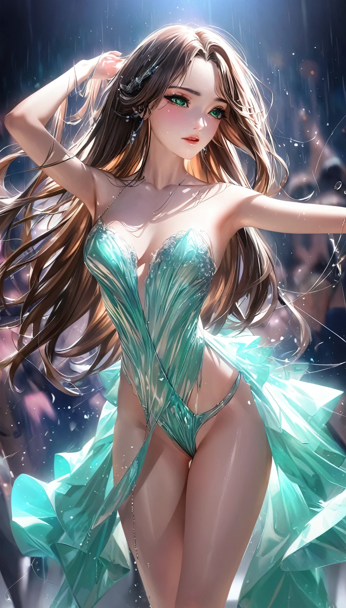 ultra hd, 8k quality, a girl, happy, very long hair, setailed eyes, glossy lips, green Crystalline dress, bare waist, green dress, green crystals, reflecting lights on crystals, spreading green lights, attractive pose, whole body capture,
