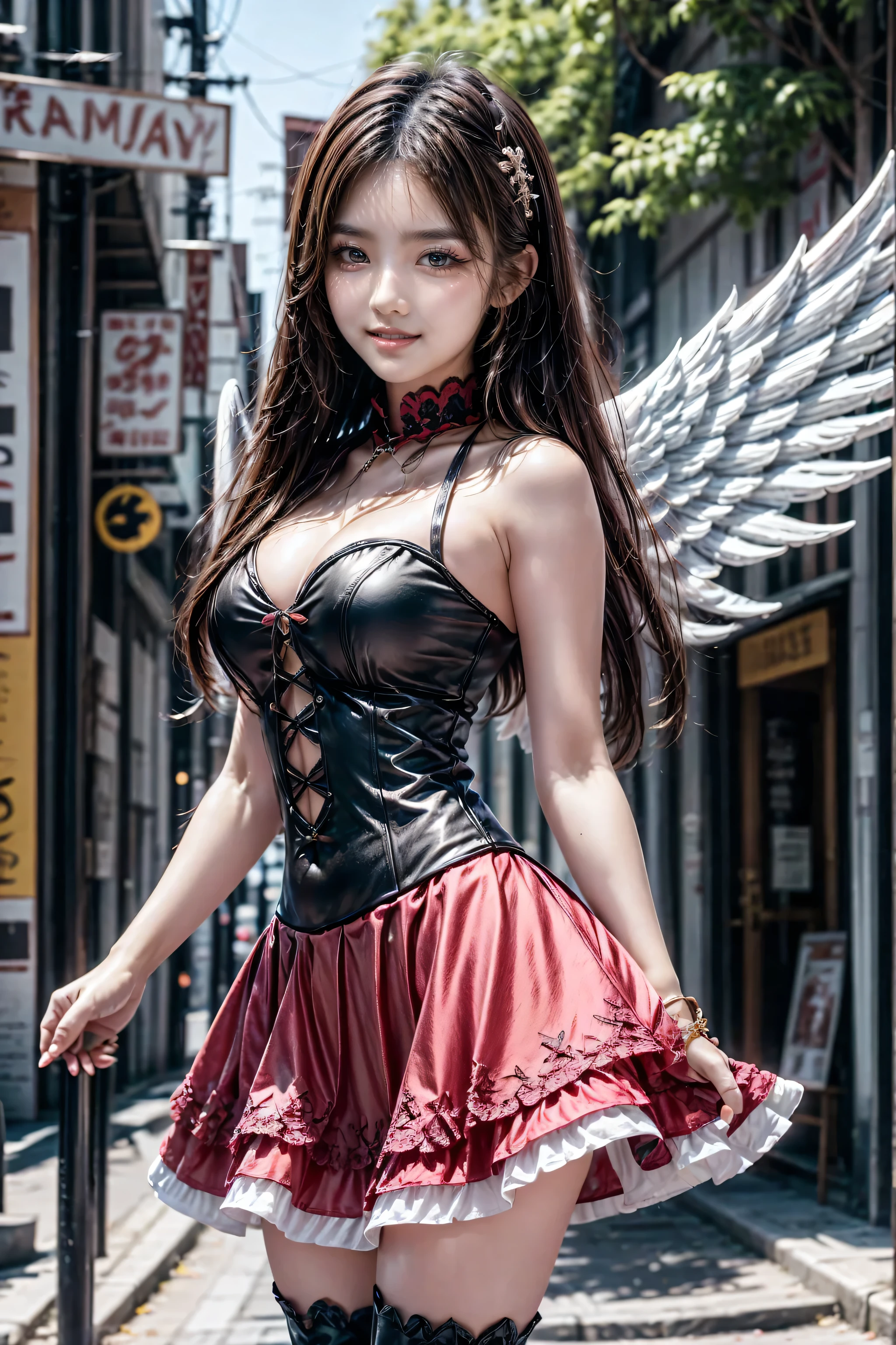 、 (beautiful girl)、(long angel wings:1.3)、 pink gothic dress 、cute、smile、 long skirt、 black long boots 、 